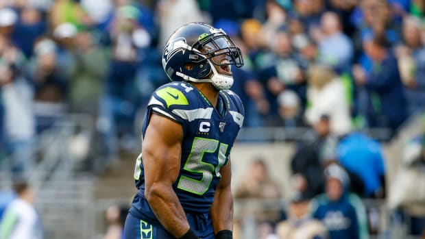 Seattle Seahawks middle linebacker Bobby Wagner (54) reacts after a sack against the Tampa Bay Buccaneers during the fourth quarter at CenturyLink Field.